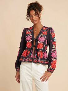 Travachic Women's Vacation Casual Floral Print Tie-Front Shirt, Summer Jackets For Women, Flower Blouses For Women, Floral Blouse,Vacation Style,Vacay Outfits Women,Beach Vacation Outfits,Summer Outfits For Women,Summer Tops,Autumn,Summer Outfits For Women,Beachwear,Spring And Summer,Easter,Holiday Outfits,Winter Clothes,Autumn Clothes,Fall Clothes