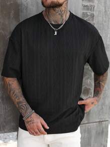Manfinity Homme Men's Summer Geometric Texture Round Neck Short Sleeve Casual Versatile T-Shirt - Black - View 1
