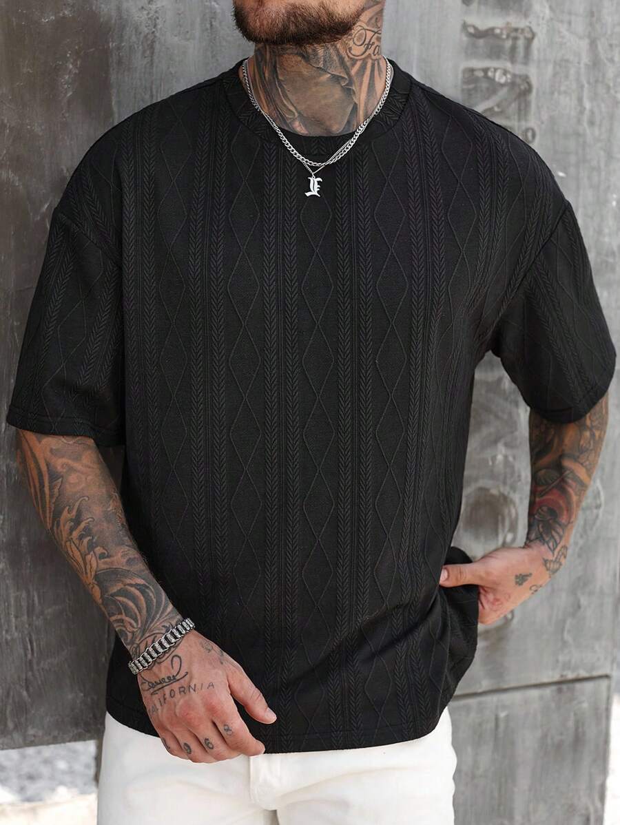Manfinity Homme Men's Summer Geometric Texture Round Neck Short Sleeve Casual Versatile T-Shirt - Black - View 1