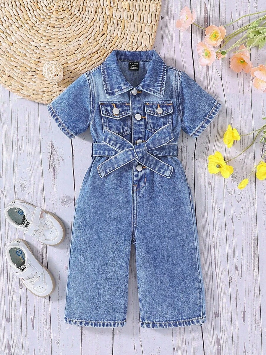 SHEIN Enterizo vaquero de manga corta para bebé niña, cómodo y casual - Azul lavado medio - Ver 1