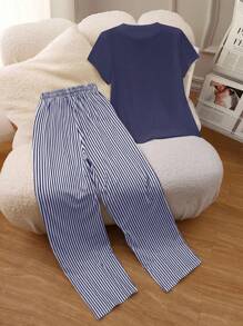 INAWLY Women Knight Print Round Neck Short Sleeve T-Shirt And Striped Drawstring Waist Pants Casual Suit