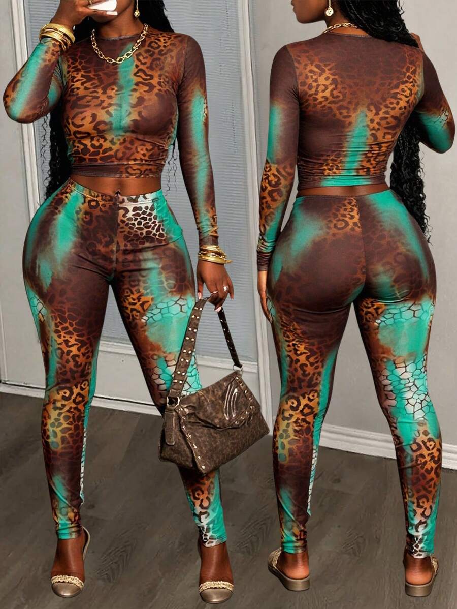 Slaydiva Conjunto de 2 piezas de top de malla de cuello halter de manga larga y pantalones de malla (con forro interior) con estampado de leopardo, nuevo para primavera y verano de 2025, estilo occidental nómada apropiado para fiestas de cumpleaños, graduaciones, uso diario y clubes, viral. - Marrón - Ver 1