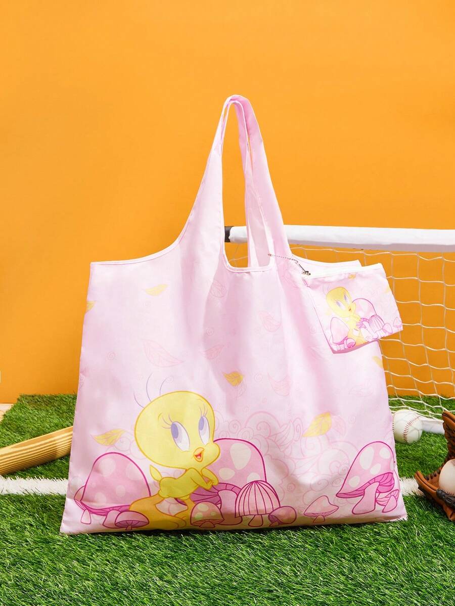 LOONEY TUNES X SHEIN Women's Mushroom & Cartoon Pattern Large Capacity Fashionable Tote Bag - Multicolor - View 1