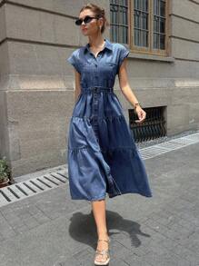 DAZY 女式休闲水洗前扣牛仔连衣裙 - 藍色 - 查看 6