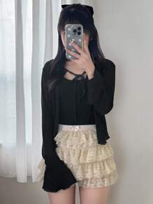 2pcs Women Tight Camisole & Sheer Cardigan Set, Solid Color Cute Top, Autumn Vacation Lounge Sets For Women - Black - View 3
