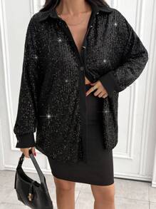 SHEIN Cottnline Women Solid Color Sequin Detailed Long Sleeve Blouses - Black - View 1