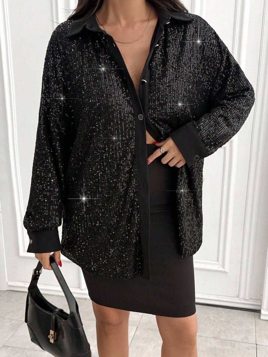 SHEIN Cottnline Women Solid Color Sequin Detailed Long Sleeve Blouses - Black - View 1