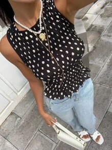 Siren Gaze 开学必备！2025年新款女款黑白波点印花圆领修身背心 - 教师装、机场装、秋冬季必备，可爱又端庄，适合日常通勤和外出 - 黑色 - 查看 2