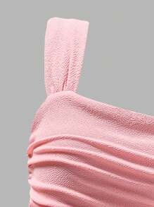 青少年女孩无袖修身中长连衣裙，百搭伴娘/婚纱，粉色纹理面料，夏季/秋季 - 粉色 - 查看 3