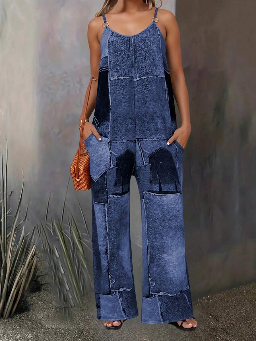 Women's Casual Loose Denim Print Jumpsuit