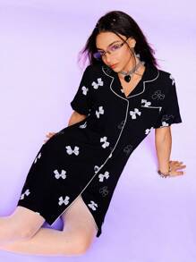 SHEIN 女式休闲前扣蝴蝶印花短袖睡袍，夏季 - 黑色 - 查看 1