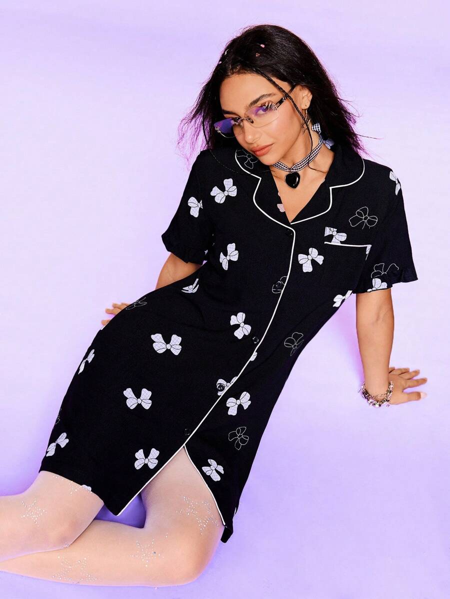 SHEIN 女式休闲前扣蝴蝶印花短袖睡袍，夏季 - 黑色 - 查看 1