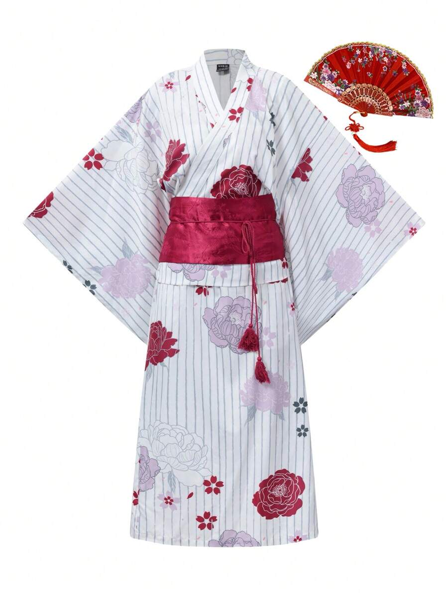 Irokai Stripe & Floral Print Batwing Sleeve Top And Mini Skirt Yukata Kimono Set(Without Fan)