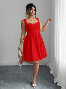 Elenzga Đầm dự tiệc mini không tay thắt nơ cổ trái tim thanh lịch cỡ lớn cho nữ, phong cách nghỉ dưỡng mùa hè - Đỏ - Xem 3