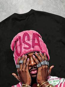 SHEIN EZwear 休闲复古风格粉色肖像图案圆领宽松短袖 T 恤，适合女士、情侣、复古、休闲、性感、可爱、Y2K、椰子女孩、波西米亚风、度假、春假、早午餐、女生旅行、霓虹海滩、波西米亚风、嬉皮士、音乐节，适合夏季