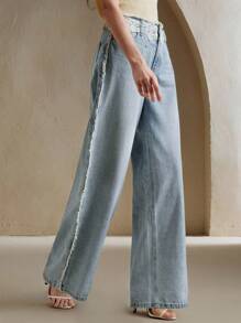 Anewsta Quần Jeans Ống Thẳng Đính Đá Ren Eo Đơn Giản Cho Nữ - Màu xanh lam - Xem 6