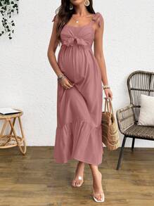 SHEIN Maternity Solid Color Front Knot Ruffle Hem Slip Dress For Vacation - Dusty Pink - View 4