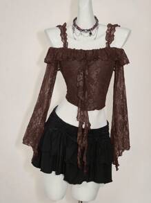 SHEIN ICON Women's Off The Shoulder Hippie Boho Elegant Ruffled Ruffle Long Sleeve Lace Blouse Western Wear Women Brown Lace Crop Top,Y2k Tops