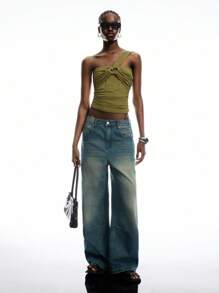 LYSMO Áo crop top nhún bèo màu trơn thời trang mùa hè dành cho nữ - Màu xanh Ô liu - Xem 7