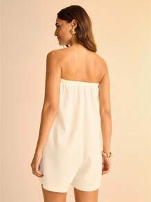 CAJUNI 女士白色半透明亚麻纹理无肩带连体裤，带口袋，休闲度假的理想之选。连体裤，女士连体裤，女士背带裤，纯色连体裤，白色女士连体裤，亚麻裤，女士亚麻裤。 - 白色 - 查看 2