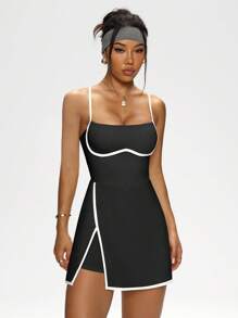 Easithlete 女式撞色滚边可拆卸垫背心运动连衣裙 - 黑色 - 查看 5