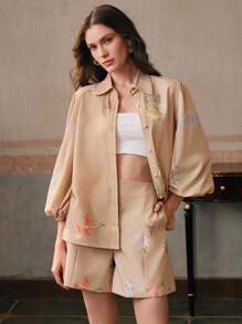 Anewsta Áo cánh tay đèn lồng in hoa thanh lịch cho nữ, thời trang cho kỳ nghỉ hè - Màu Khaki - Xem 3