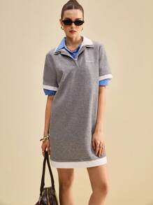 SHEIN Unity 女式拼色 Polo 迷你连衣裙 返校服饰 - 灰色 - 查看 7