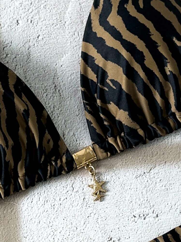 Elavelle Springbreak-strandoutfit för kvinnor, slumpmässigt tryckt spagettiband i metalldekor, sexigt bikinisete - Multifärgad - Visa 6