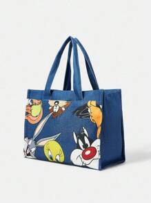 LOONEY TUNES X SHEIN 卡通动物印花蓝色时尚单肩包、健身包 - 霧霾藍 - 查看 5