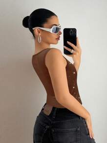 SHEIN PETITE 女款夏季時尚水鑽裝飾修身細肩帶背心，適合嬌小女性 - 咖啡棕 - 查看 2