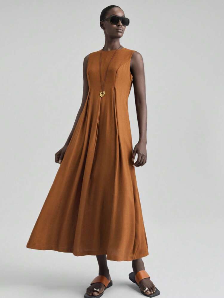 Women's Linen Sleeveless Dress With Back Slit, Elegant Loose Vacation Dress For Daily Urban Commute Business Casual, Graceful Ladies Dress