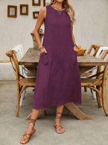 SHEIN LUNE 女式休闲无袖太阳裙，带双口袋，超长度假海滩装