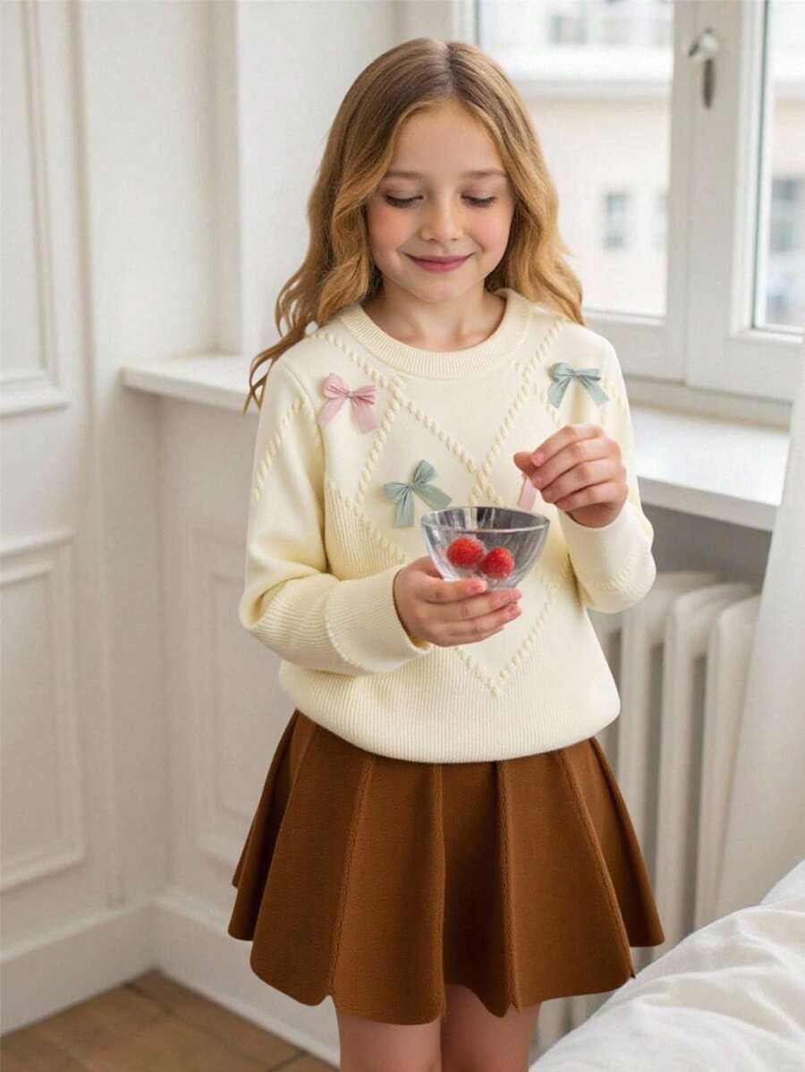 Souflis Souflis 2 piezas Conjunto de suéter de manga larga con decoración de lazo y falda plisada para niñas pequeñas, adecuado para otoño/invierno - Albaricoque - Ver 1