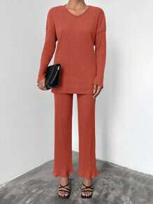 EURMUSE 2pcs/Set Women Casual Solid Long Sleeve Top And Pants Set - Redwood - View 2