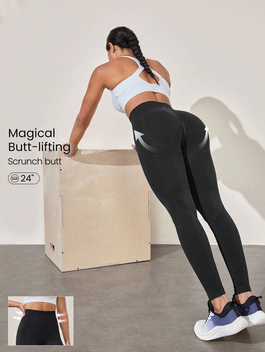GLOWMODE Mallas de cintura alta sin costuras perforadas de 24" para entrenamiento de impacto medio en el gimnasio, otoño e invierno - Negro - Ver 1