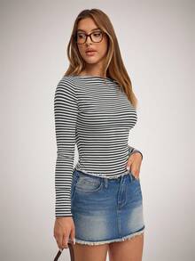 SHEIN Forever 21 女式条纹船领长袖修身休闲T恤 - 灰色 - 查看 6