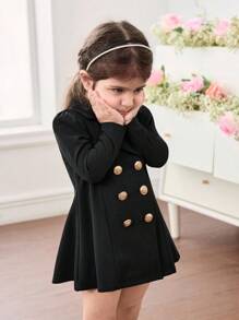 SHEIN Baby Girls' Solid Color Lapel NeckPuff Sleeve Double-Breasted Fashion Jacket