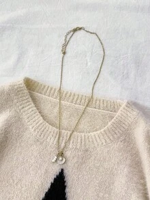 SHEIN 少女星形图案圆领落肩毛衣，休闲日常穿着，秋冬 - 杏色 - 查看 3