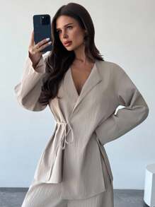 Firerie 女士亚麻两件套服装、毕业典礼服装、女士教师服装、返校服装、秋季女装、复古风服装、女士办公室服装 - 卡其色 - 查看 3