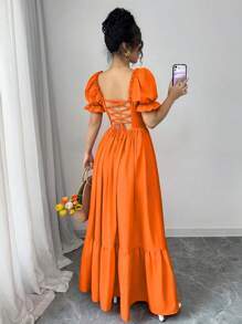 Rafferiza 女式方领泡泡袖前系带露背束腰连衣裙 - 橘色 - 查看 2