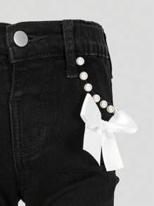 SHEIN Young Girls' Fashionable Black Washed Denim Jeans, Ruched Flare Leg Skinny Fit, Stretchy & Comfortable Fabric, Decorated With White Bow & Pearl, Stylish For Cool Girls Fall Winter - Black - View 6
