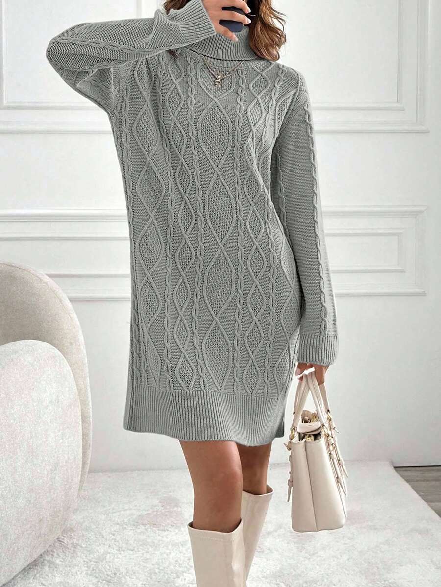 EURMUSE Knitwear Dress With Folded Neck And Cable Pattern,Winter Dresses For Women,Petite - Grey - View 1