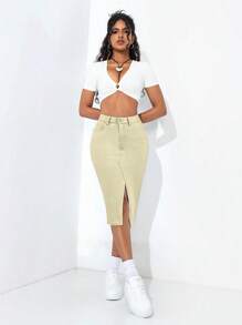 SHEIN PETITE Spódnica damska z rozcięciem i kieszeniami w jednolitym kolorze z jeansu - Kolor khaki - Zobacz 3