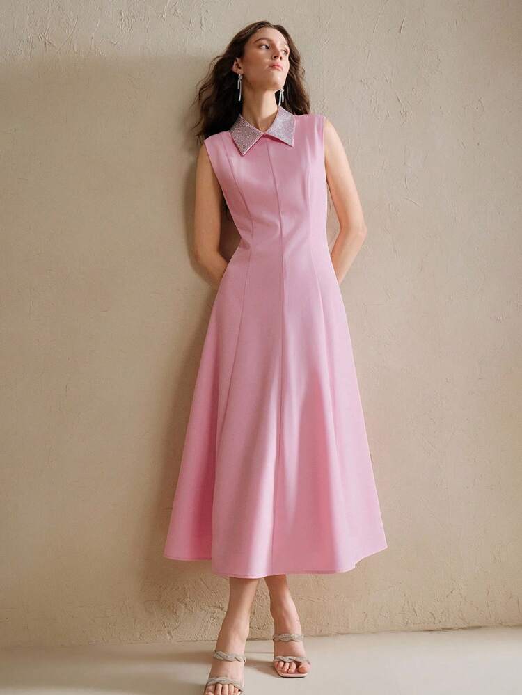 Summer New Elegant Party Sleeveless Polo Collar Rhinestone Embellished Long Dress For Ladies