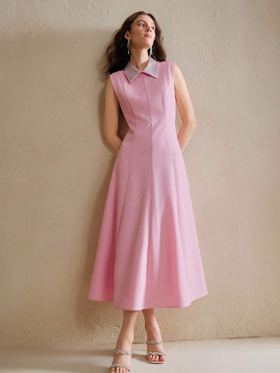 Anewsta 夏季新款优雅派对无袖马球领水钻缀饰女士长款连衣裙 - 粉色 - 查看 1