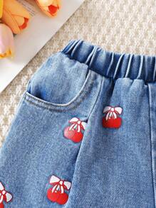 1pc Young Girl' Casual Cute School Style Washing Blue Peach Blossom Print Shorts - Blue - View 6
