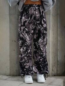 SAYEHFBABY Women's Cargo Streetwear Tree Branch Pattern With Pockets Pants - Black and White - View 3