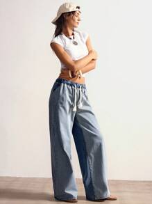 Bohemela Damen Loose Fit Weite Bein Einfarbige Patchwork Gestreifte Jeans, Damen Gestreifte Weite Bein Hosen mit Kordelzug, Loose Fit Hosen - Blau - Übersicht 4