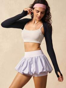 VARSIVA 女式纯色弹性腰部荷叶边下摆运动短裙，夏季 - 紫色 - 查看 9