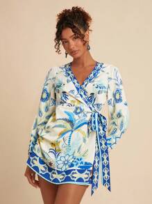 Travachic Vestido corto de manga larga con estampado de palmeras y cierre delantero de lazo, estilo de vacaciones para mujer - Azul - Ver 1